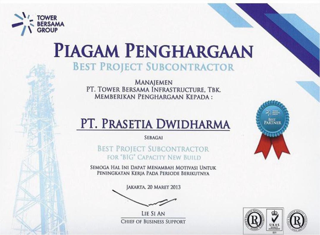 Sertifikat Best Project Subcontractor dari Tower Bersama Group, 2013