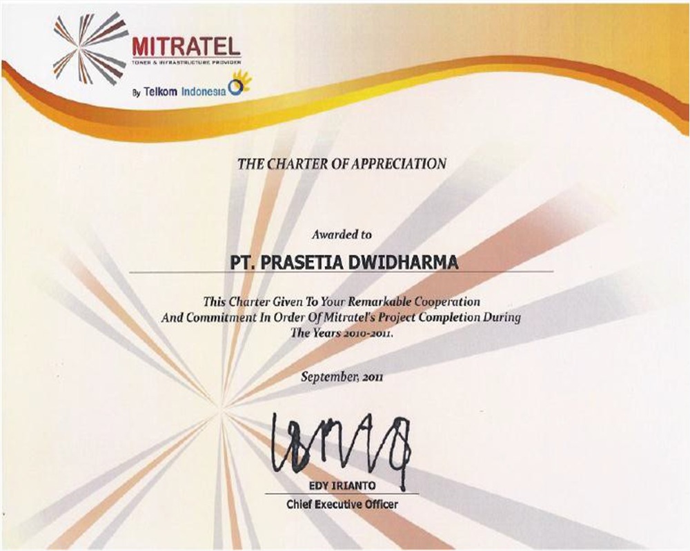 Sertifikat Charter of Appreciation dari Mitratel, September 2011