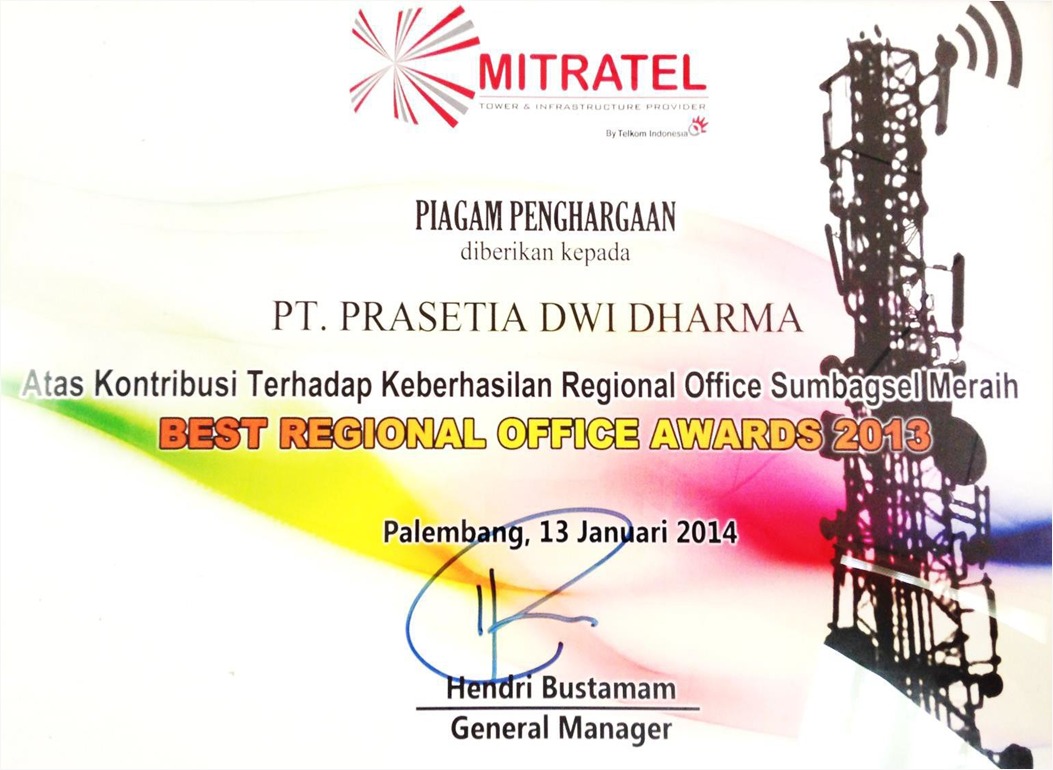 Piagam Best Regional Office Awards 2013 dari Mitratel